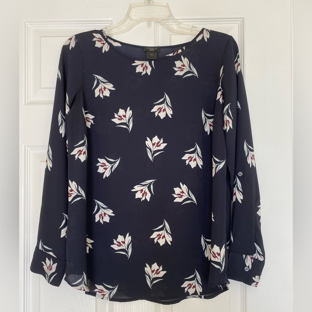 Ann Taylor Petites Navy Floral Blouse